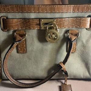 Michael Kors Beige Canvas Satchel with Tan Croc-Embossed Trim and Gold Hardware